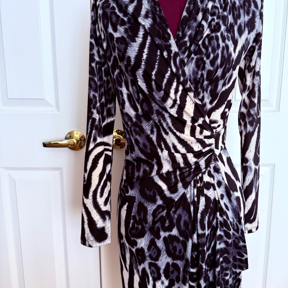 Karen Kane Monochromatic Black White and Gray with Leopard style elements.